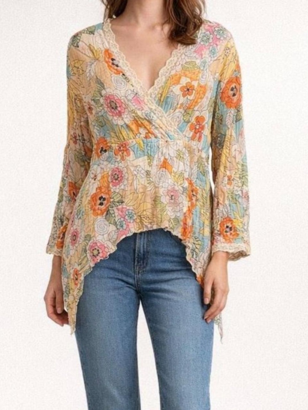Floral Lace Trim Women's Pleated Top Y2K Handkerchief Hem